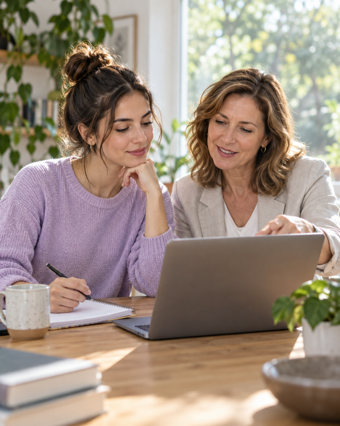 Illustrative scene of a young woman and mentor exploring ideas together at a laptop