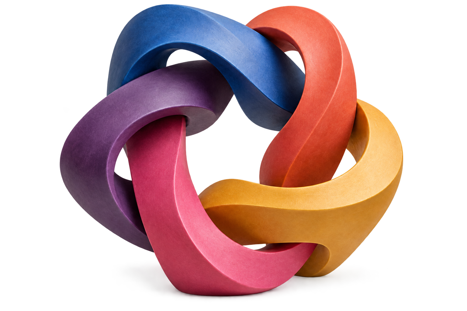 Five interlocking colored sculptural bands representing complementary perspectives